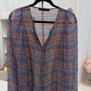 BCBGMaxAzria Blue and Rust Plaid Sheer Blouse